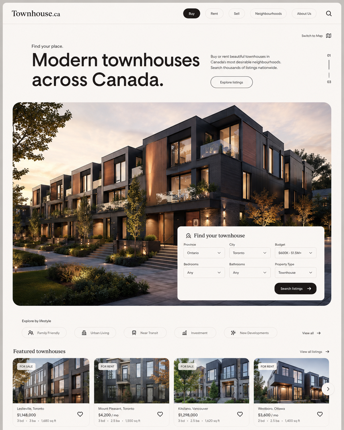 Townhouse.ca website mockup showing a modern townhouse search and listings homepage